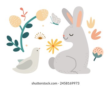 Happy Easter greeting card with rabbit bird eggs and spring flowers pastel colors holiday celebration card