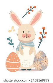 Happy Easter greeting card with rabbit eggs and spring flowers pastel colors holiday celebration card