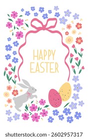 Happy Easter greeting card with rabbit, eggs and bow knot. Flower garden background. Modern floral template design.
