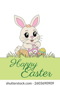 Happy Easter greeting card, rabbit with eggs on the grass. Vector illustration.