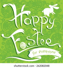 Happy Easter greeting card with rabbit and egg and cute typography in vector.
