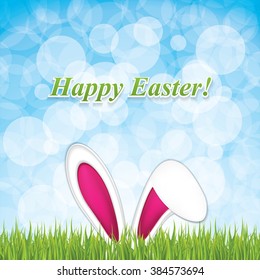 Happy Easter greeting card with rabbit ears.