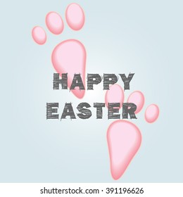 Happy Easter greeting card with rabbit footsteps. vector illustration