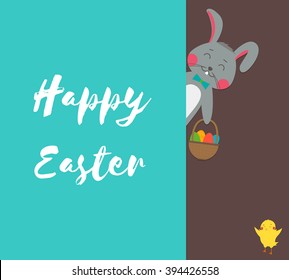 Happy Easter greeting card with rabbit, bunny, eggs and chicken. Vector illustration