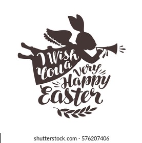 Happy Easter, greeting card. Rabbit, bunny blowing trumpet. Lettering, calligraphy vector illustration
