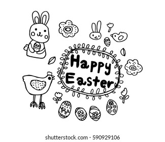 Happy Easter greeting card with rabbit, bunny and text doodle vector