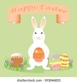 Happy easter greeting card with rabbit and eggs