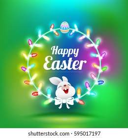 Happy Easter greeting card with rabbit and light frame,  Vector illustration for Easter day.