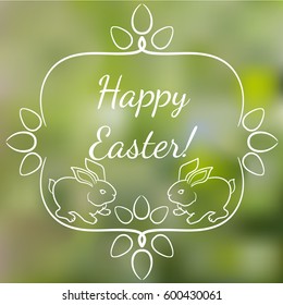 Happy Easter greeting card with rabbit and hand drawn frame on blur green background