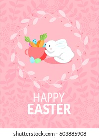 Happy Easter  greeting card with  rabbit,  Eggs, Carrots, Leaves. Vector illustration 