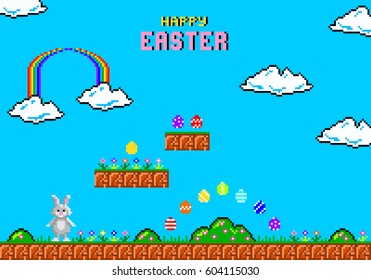 Happy Easter greeting card. Easter rabbit in style of eight-bit game. Inscription of  Happy Easter.  Vector illustration  