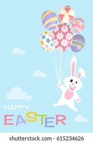 Happy Easter greeting card with rabbit and sky, bunny and eggs