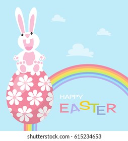 Happy Easter greeting card with rabbit and sky, bunny and eggs