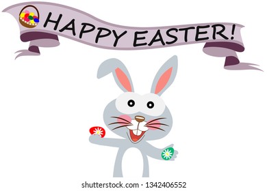 Happy easter greeting card with a rabbit.rabbit holding easter eggs.vector illustration isolated on white background