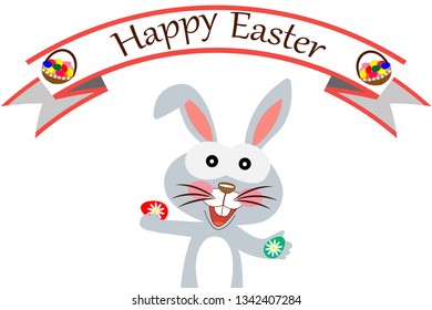 Happy easter greeting card with a rabbit.rabbit holding easter eggs.vector illustration