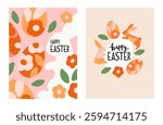 Happy Easter greeting card with rabbits, eggs and flowers. Modern groovy beige template design.