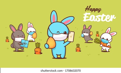 happy easter greeting card with rabbits wearing masks to prevent coronavirus pandemic hand written lettering poster or flyer template with cute bunnies horizontal vector illustration