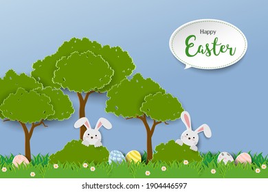 Happy Easter greeting card with rabbits hide in grass on paper cut style,vector illustration