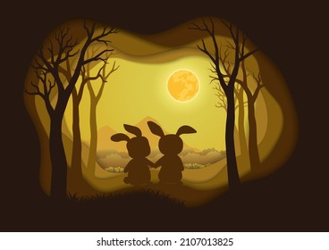 Happy Easter greeting card with rabbits on night scene background,paper cut and craft style for festive spring holiday,vector illustration