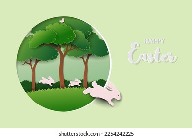 Happy Easter greeting card with rabbits family on spring forest,vector illustration