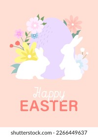 Happy Easter greeting card with rabbits, egg and flowers. Vector illustration.