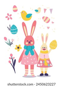 Happy Easter greeting card with rabbits and eggs spring holiday celebration card vertical