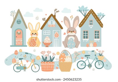 Happy Easter greeting card with rabbits and eggs in pastel colors spring holiday celebration card horizontal