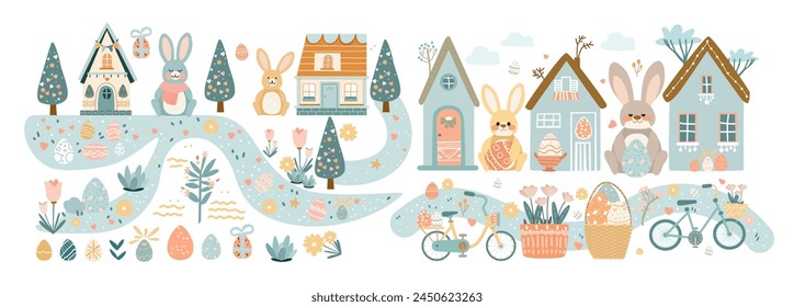 Happy Easter greeting card with rabbits and eggs in pastel colors spring holiday celebration card horizontal