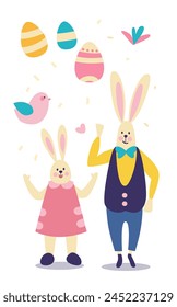 Happy Easter greeting card with rabbits and eggs spring holiday celebration card vertical
