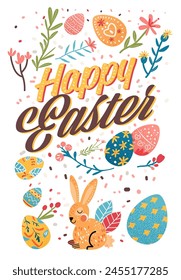 Happy Easter greeting card with rabbits eggs and spring flowers pastel colors holiday celebration card vertical