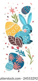 Happy Easter greeting card with rabbits eggs and spring flowers pastel colors holiday celebration card vertical