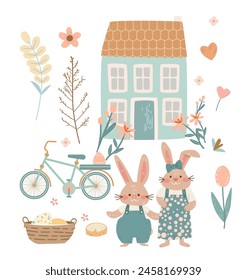 Happy Easter greeting card with rabbits house bicycle eggs and spring flowers pastel colors holiday celebration card