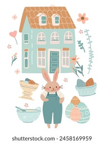 Happy Easter greeting card with rabbits house eggs and spring flowers pastel colors holiday celebration card