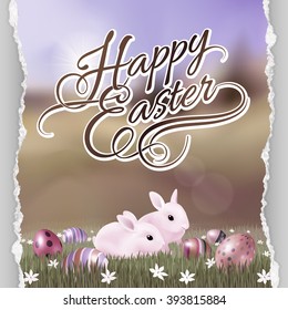 Happy Easter Greeting Card with Rabbits. Illustration on Vintage Background