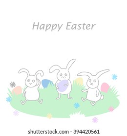 Happy Easter greeting card with rabbits and eggs