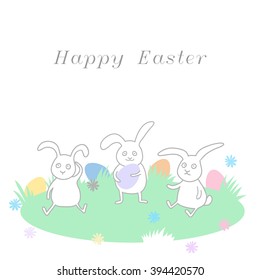 Happy Easter greeting card with rabbits and eggs