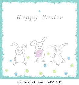Happy Easter greeting card with rabbits and eggs