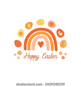 Happy Easter greeting card with rainbow. Cute scandinavian rainbow  with eggs, spring flowers, bunny and chick. Fun vector illustration for Easter banner, poster, flyer, t-shirt, party invitation.