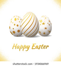 Happy easter greeting card with a realistic 3D eggs with modern gold pattern
