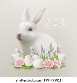 Happy Easter greeting card with realistic white hare sitting behind a flower arrangement with Easter eggs and pussy willow branches. Vector illustration