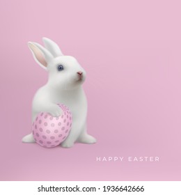 Happy Easter greeting card with realistic white hare sitting with Easter egg on a pink backdrop. Vector illustration