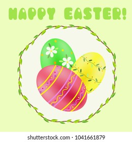 Happy Easter greeting card with red; green; yellow painted eggs in the green leaves frme