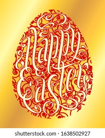 Happy Easter greeting card. Red egg symbol and hand drawn lettering vector spring illustration over golden gradient background.