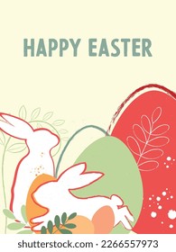 happy Easter greeting card, Easter red eggs, rabbit, bunny ears watercolor style pastel shades.