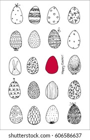  Happy Easter greeting card with red egg and graphics eggs. Vector conceptual illustration.