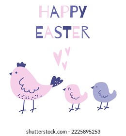 Happy Easter greeting card. Religion spring holiday. Cute card with chicken and chick.Vector cute flat pink and purple illustration with pastel colors