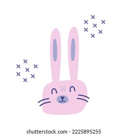 Feliz tarjeta de felicitación de Pascua. Fiesta de primavera religiosa. Tarjeta dividida con conejo rosa.Ilustración vectorial lisa, rosa y violeta, con colores pastel