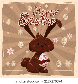 Imagen retro de tarjeta de felicitación de Pascua feliz con conejo de chocolate de Pascua, conejo. Vintage de ilustración vectorial