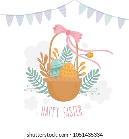Happy Easter greeting card. Romantic floral composition with Easter basket. Good for spring invitations, banners, greeting card.