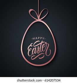 Happy Easter greeting card with rose gold easter egg and handwritten holiday wishes on black background. Vector illustration.